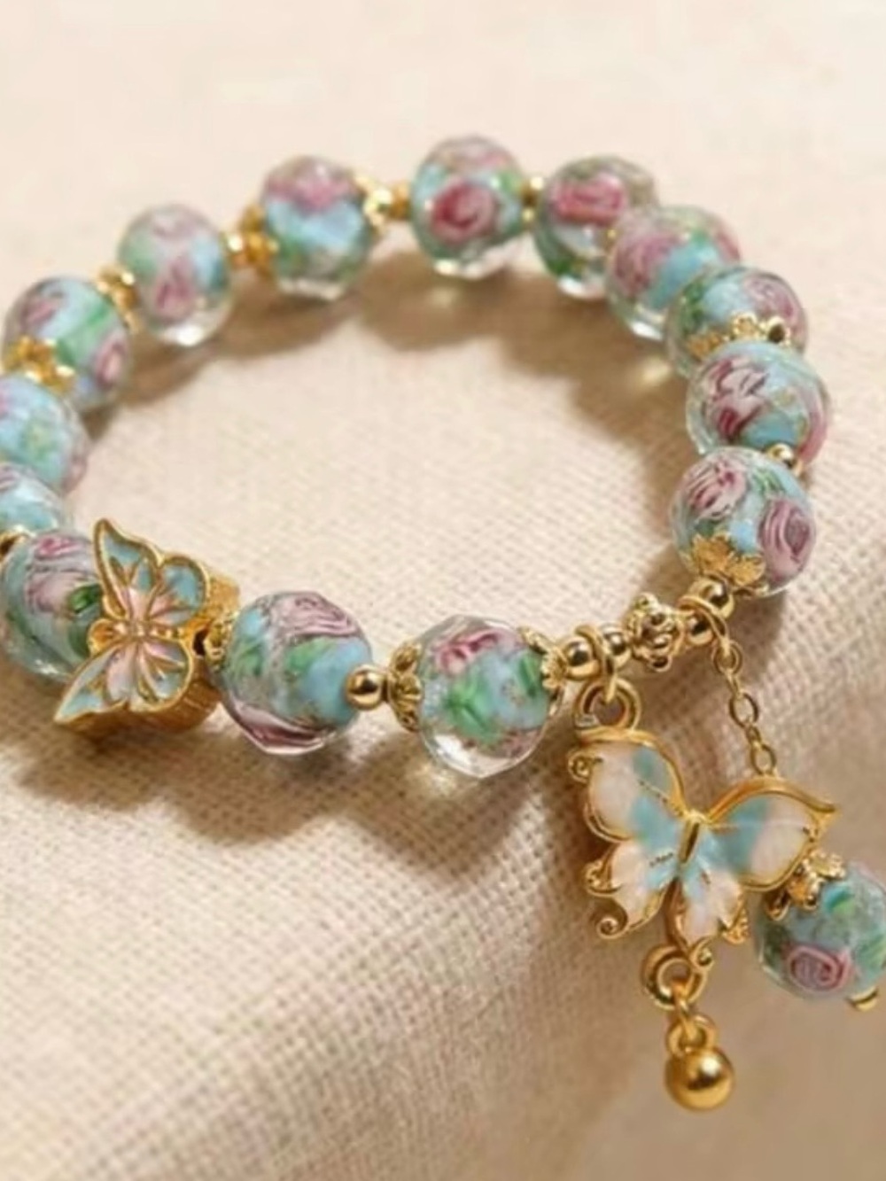 NWOT Gold Butterfly Charm Bracelet with Blue-Green Floral Beads - Picture 2 of 4